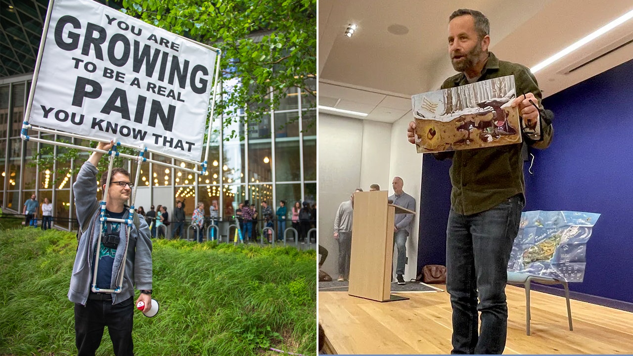 Seattle protester and Kirk Cameron reading a children's book