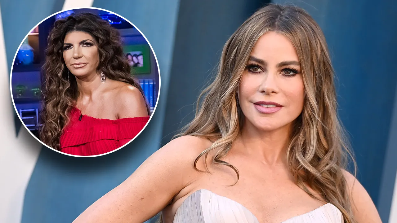 Sofia Vergara on the red carpet in a strapless dress inset circle a picture of Teresa Giudice in a red off-the-shoulder